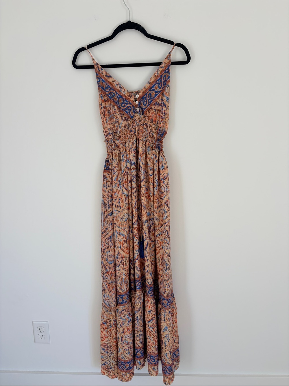 Beige and Blue Paisley Maxi Dress